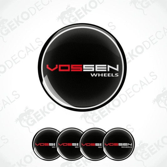 A set of four black vinyl decals with the text 'Vossen Wheels' in red and white.