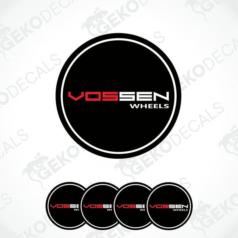 A set of four black vinyl decals with the text 'Vossen Wheels' in red and white.
