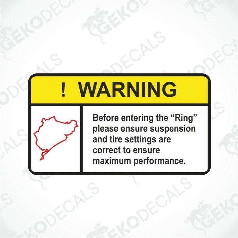 A yellow and black warning sticker with the text 'WARNING' and a symbol indicating a tire warning. Please ensure maximum performance and correct tire settings.