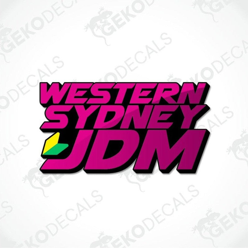 Big pink text from three rows WESTERN SYDNEY JDM with little yellow and green JDM emblem on the left side.
