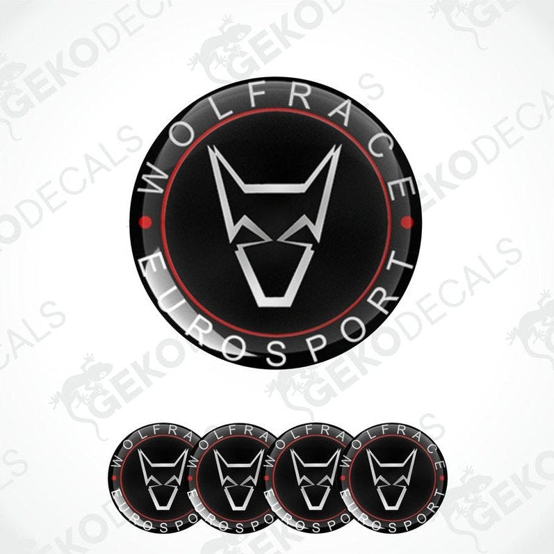 A set of four round vinyl decals with the WOLFRACE logo in black, red, and white colors.