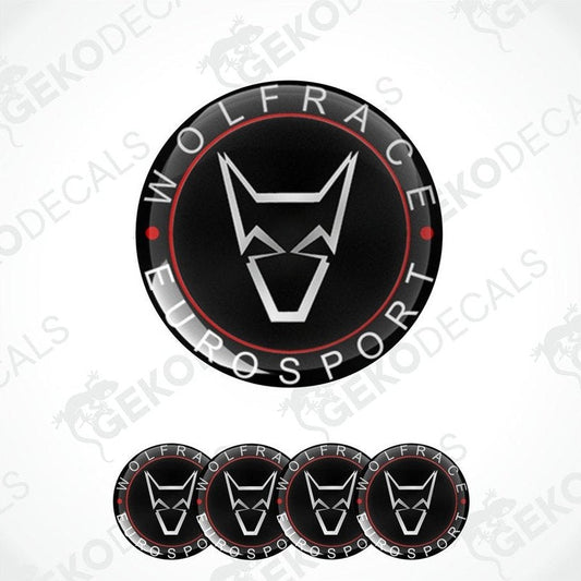 A set of four round vinyl decals with the WOLFRACE logo in black, red, and white colors.