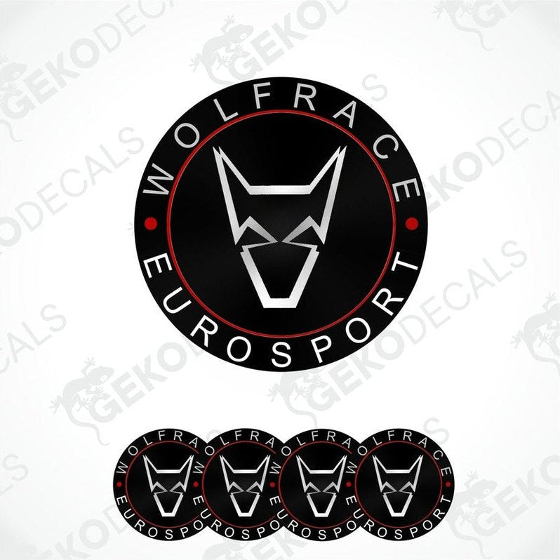A set of four round vinyl decals with the WOLFRACE logo in black, red, and white colors.