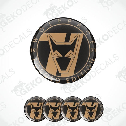 A set of circular vinyl stickers with a black, gold, white, and black again color scheme. The stickers feature a WOLFRACE logo.