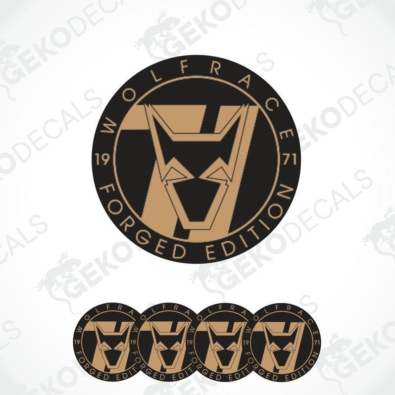 A set of circular vinyl stickers with a black, gold, white, and black again color scheme. The stickers feature a WOLFRACE logo.