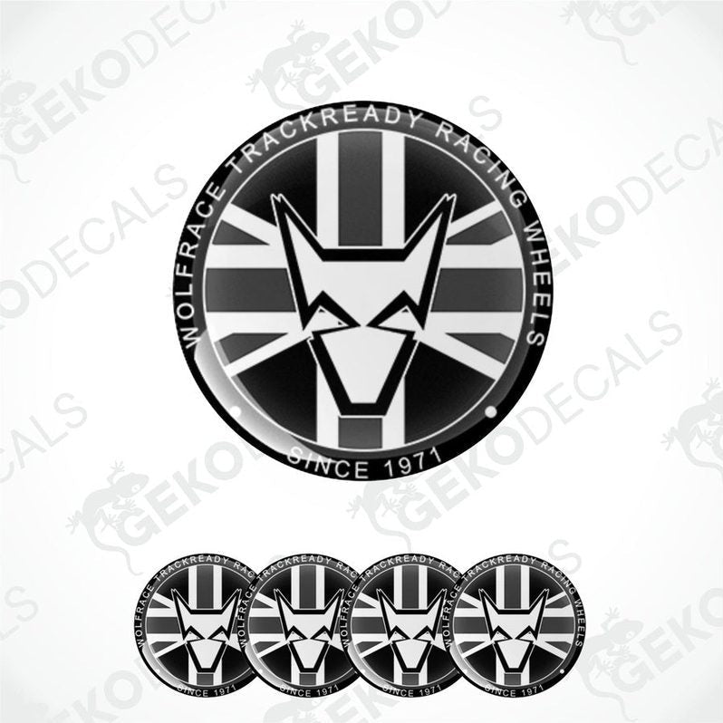 A set of vinyl decals with a polyurethane coating, featuring a black and white design with the text 'WOLFRACE' and 'TRACKREADY RACING WHEELS' along with a graphic of a wolf head.