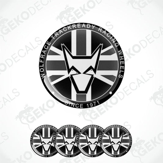 A set of vinyl decals with a polyurethane coating, featuring a black and white design with the text 'WOLFRACE' and 'TRACKREADY RACING WHEELS' along with a graphic of a wolf head.