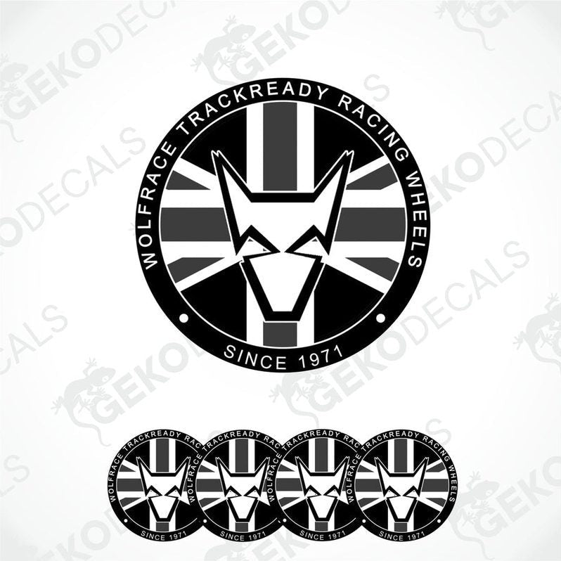 A set of vinyl decals with a polyurethane coating, featuring a black and white design with the text 'WOLFRACE' and 'TRACKREADY RACING WHEELS' along with a graphic of a wolf head.