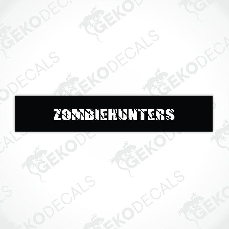 Black car windshield sun visor with white text ZOMBIEHUNTERS